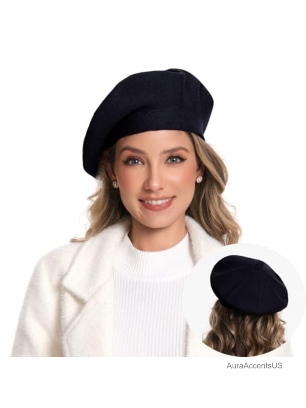 Women's Knitted Beret French Style Double Layer Soft Beanie Winter Warm